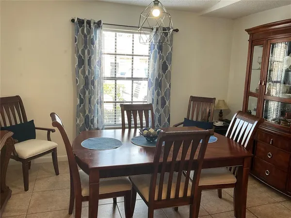 a view of a dining room with furniture window and outside view