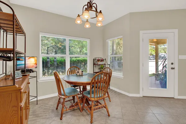 a view of a dining room with furniture window and outside view