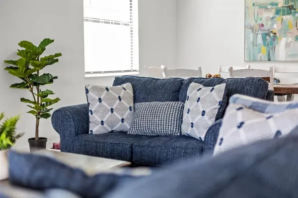 a living room with furniture flowerpot and a window