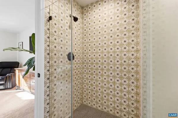 a bathroom with a shower curtain