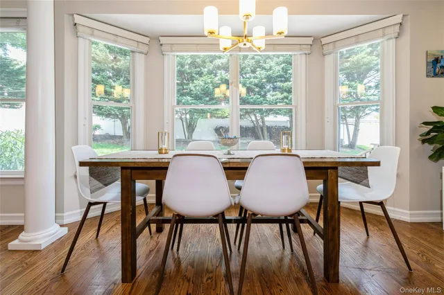 a view of a dining room with furniture window and wooden floor