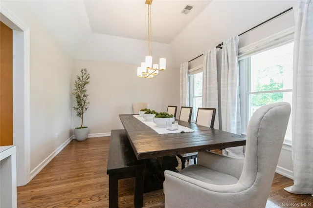 a view of a dining room with furniture window and wooden floor