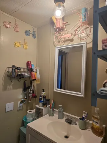 a bathroom with a sink a mirror and vanity