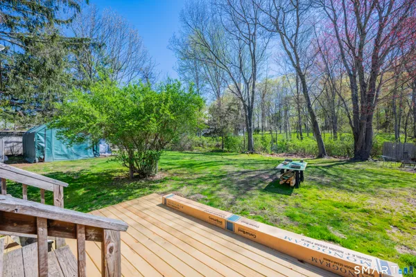 a garden view with a seating space