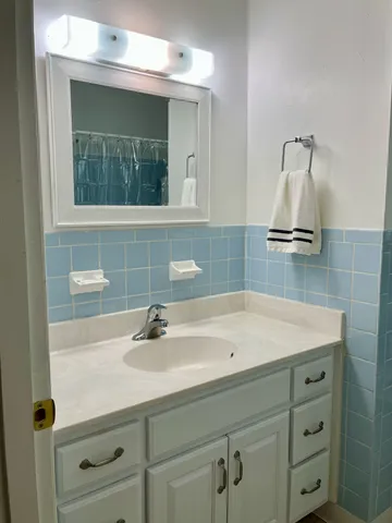 a bathroom with a sink and a mirror