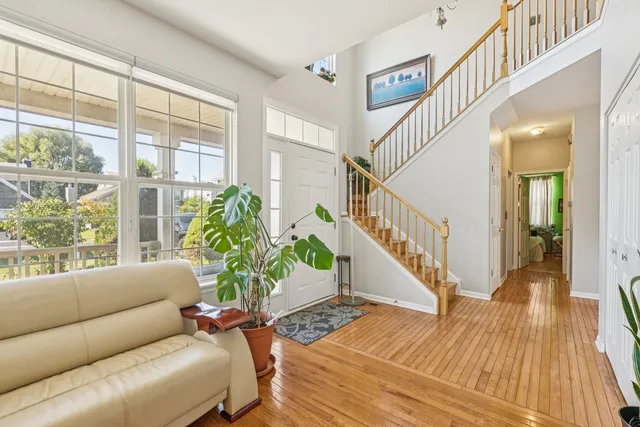 a living room with wooden floor and a potted plant