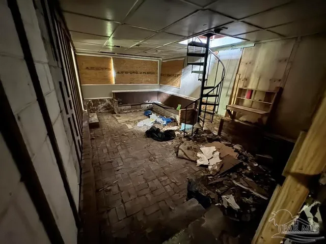 a backyard of a house with plants and large tree