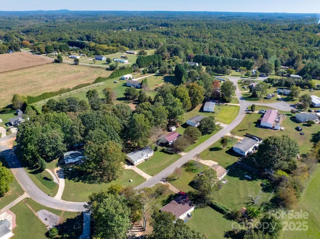 an aerial view of residential houses with outdoor space and trees