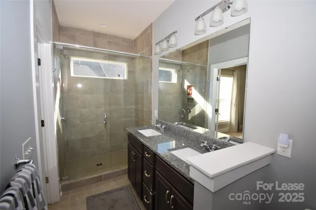 a bathroom with a sink a mirror and a shower