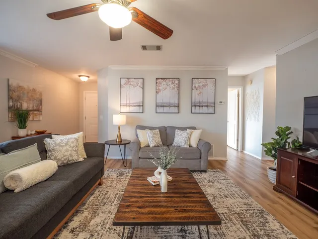 a living room with furniture and a rug