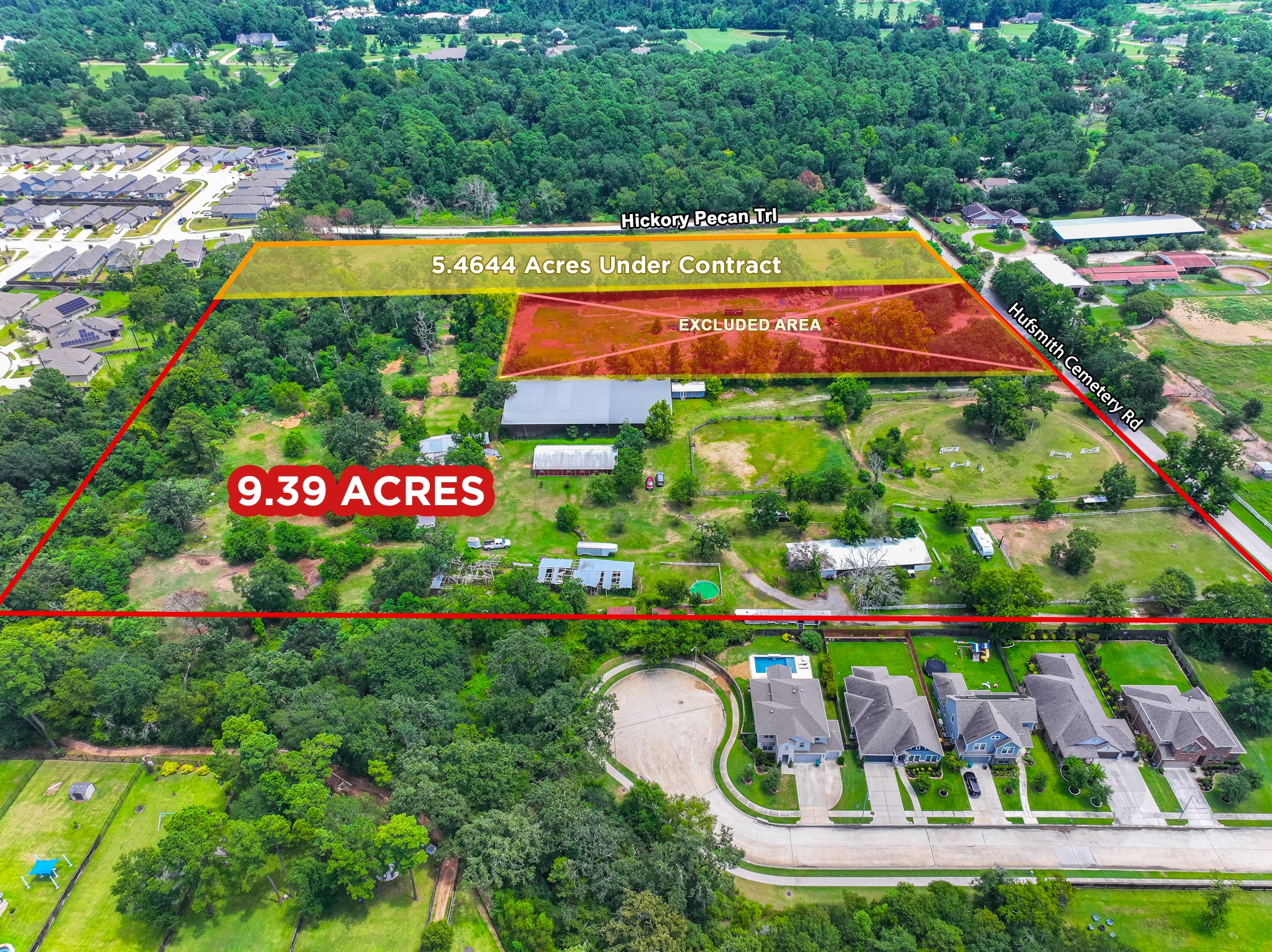 25635 Hufsmith Cemetery Road Tomball, TX 77375 - Photo 13 of 50 At this altitude, the direct road access to this spectacular Tomball property is clearly visible — a crucial feature that opens the door for commercial operations, agricultural activities, and residential logistics that would serve virtually any future use a new owner could envision for this generously sized and superbly located acreage tract.
