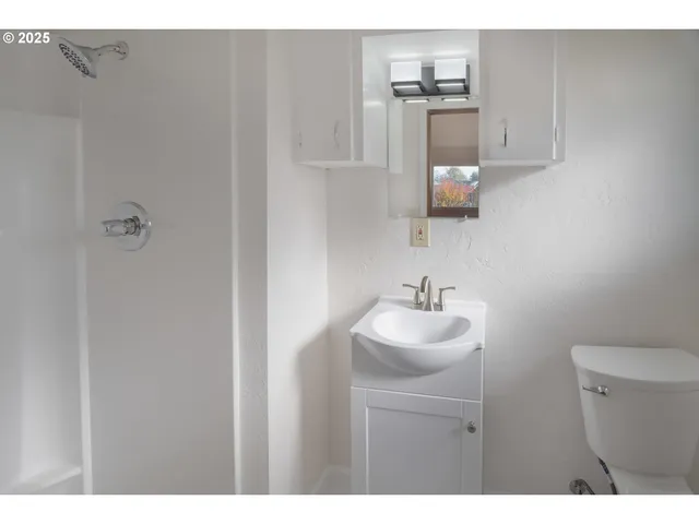 a bathroom with a sink toilet and mirror