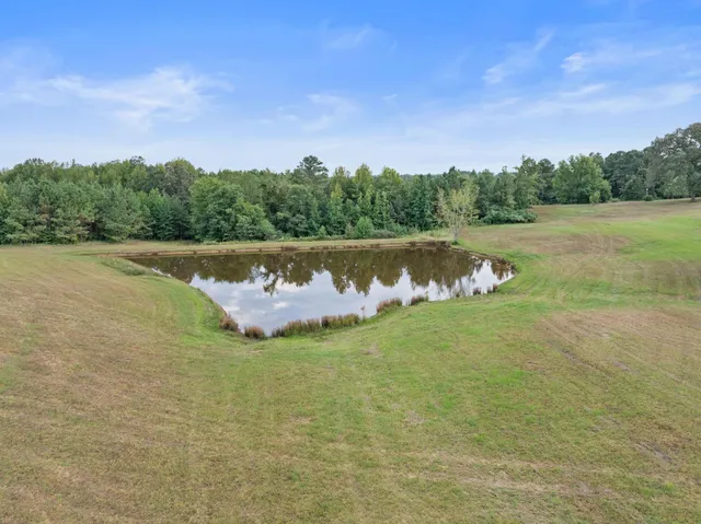 a view of a lake with houses in the back