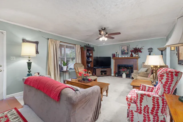 a living room with furniture a fireplace and a flat screen tv