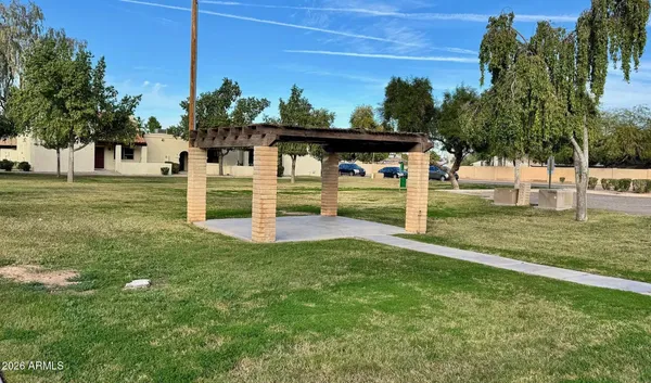 a view of a park with large trees