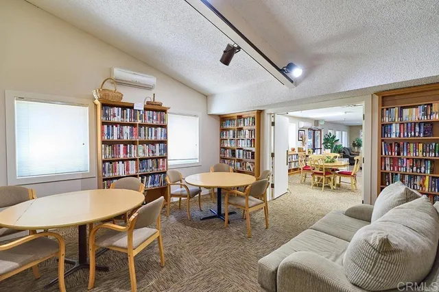 a living room with furniture and a book shelf