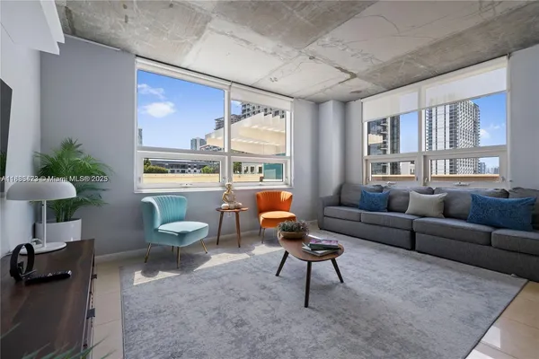 a living room with furniture and a large window