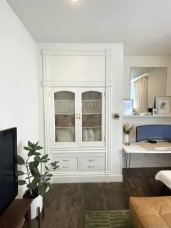 a living room with furniture and a potted plant