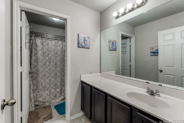 a bathroom with a sink a shower and a mirror