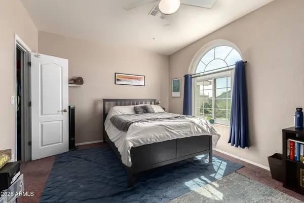 a spacious bedroom with a bed and a potted plant
