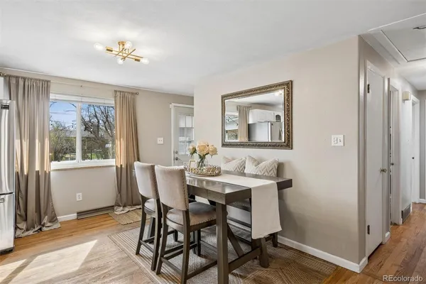 a view of a dining room with furniture and window
