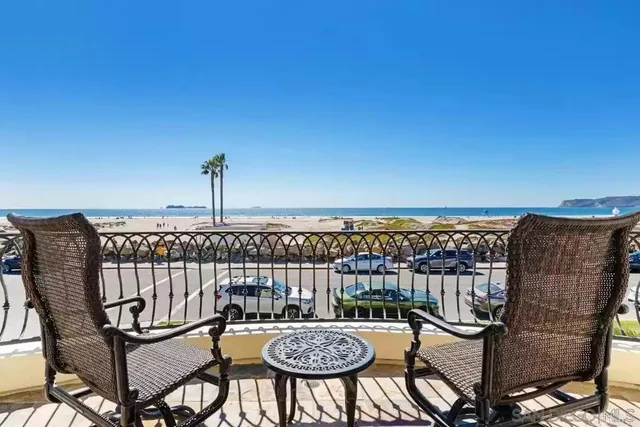 a view of a balcony with furniture