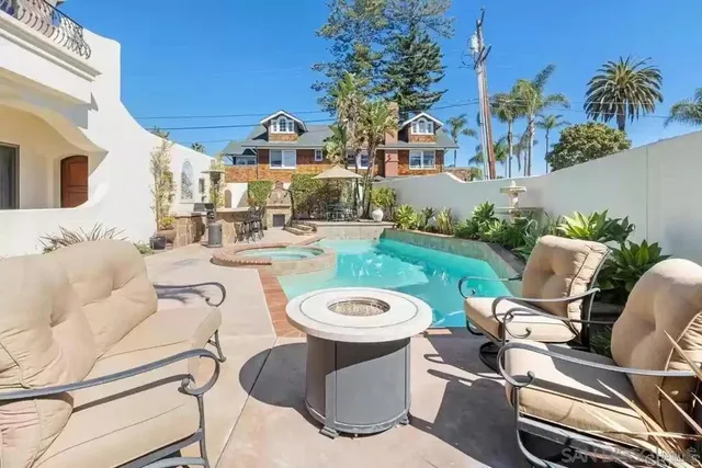 a view of a swimming pool with a patio