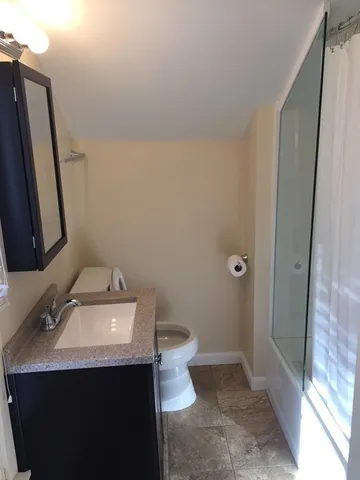 a bathroom with a sink a toilet and mirror