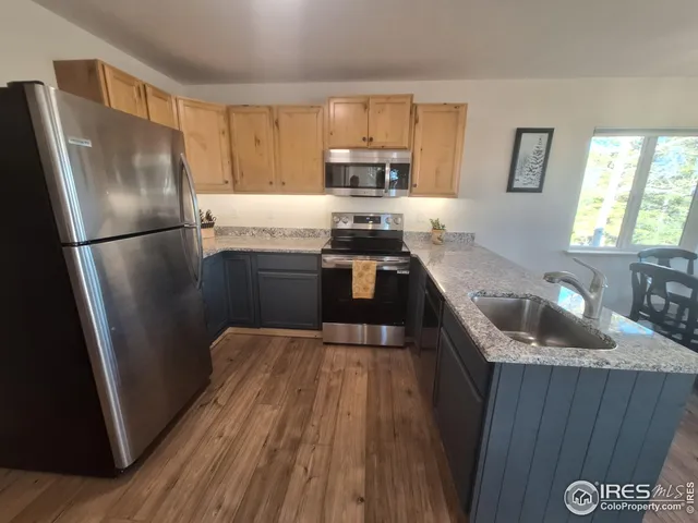 a kitchen with stainless steel appliances granite countertop a refrigerator a stove a sink and dishwasher