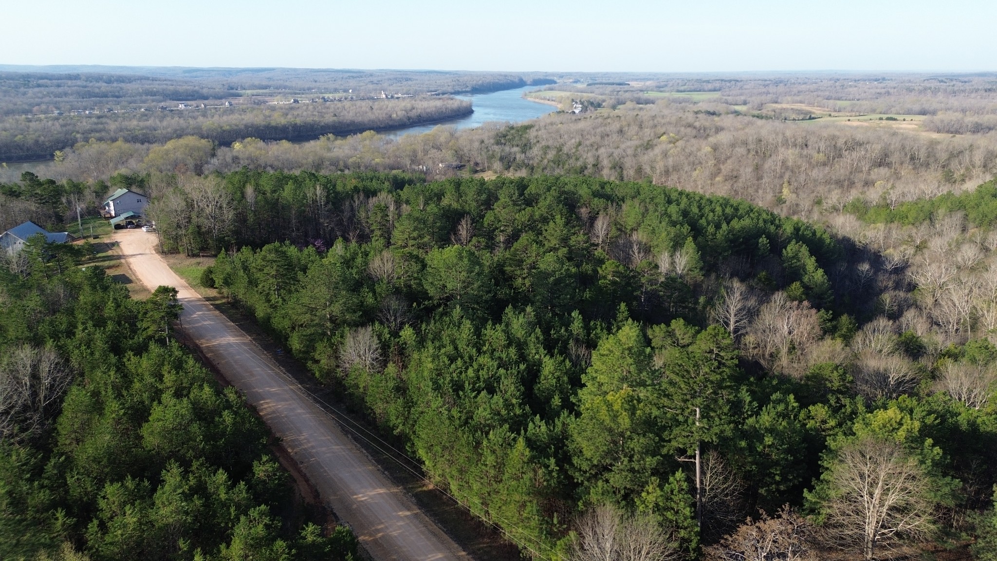 an aerial view of green landscape with trees and houses
