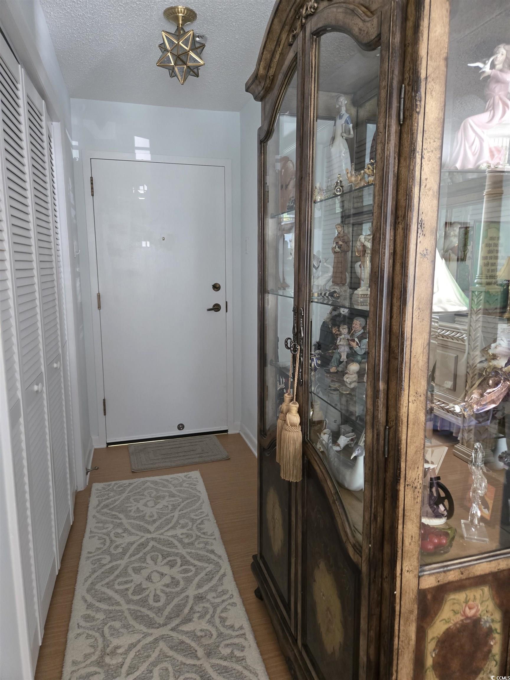 5001 Little River Road, Unit E108 Myrtle Beach, SC 29577 - Photo 9 of 25 Doorway to outside featuring a textured ceiling and wood finished floors