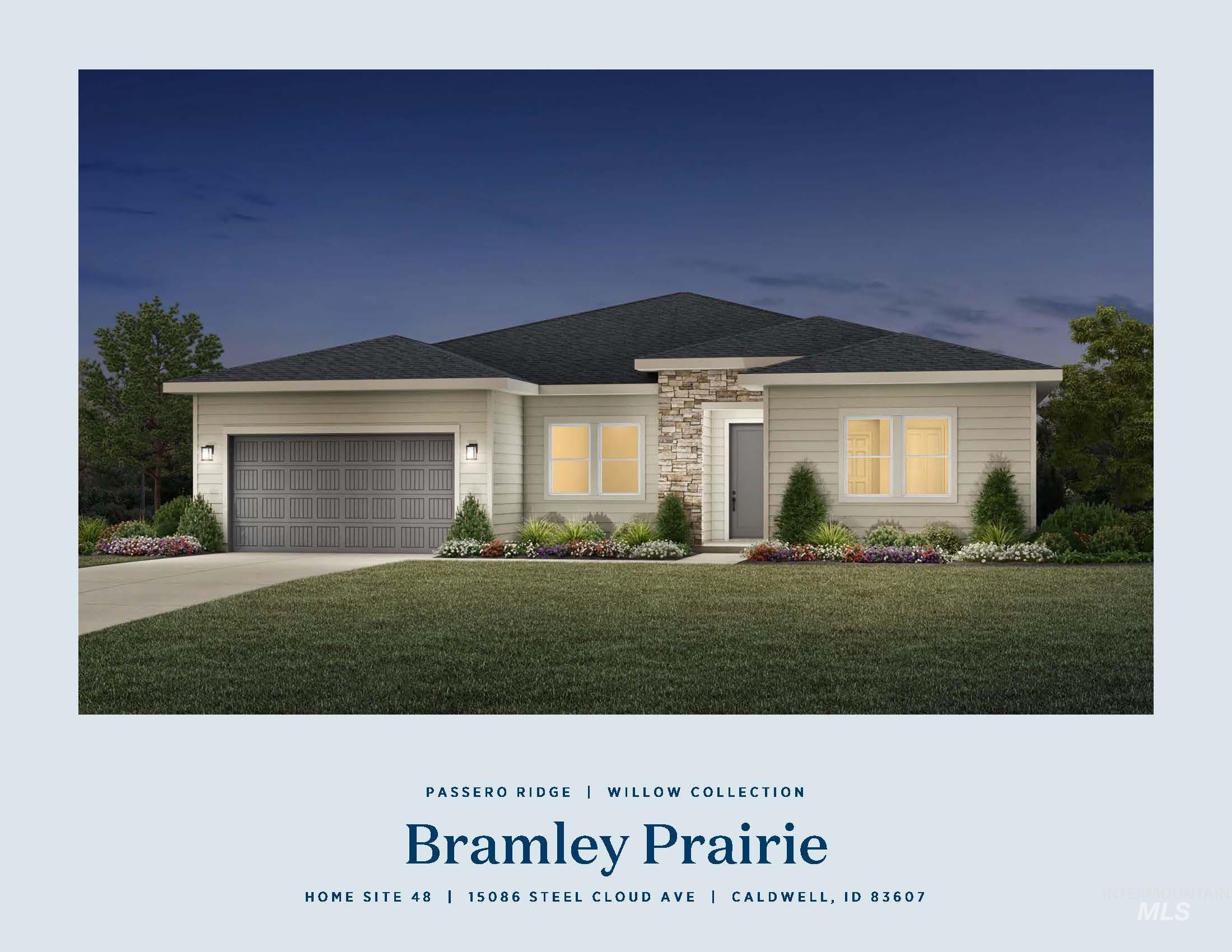 15086 Steel Cloud Avenue Caldwell, ID 83607 - Photo 32 of 41 View of front of property featuring a garage, concrete driveway, a front yard, and stone siding