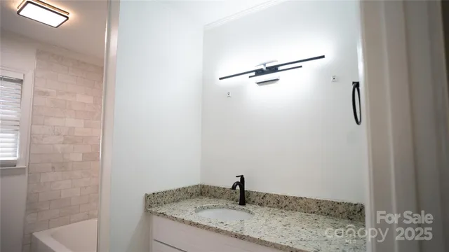 a bathroom with a granite countertop sink and a mirror