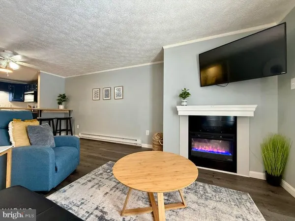 a living room with furniture and a fireplace