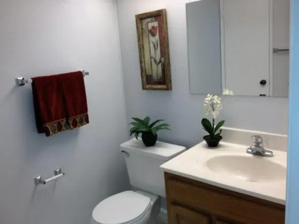 a bathroom with a sink mirror and toilet