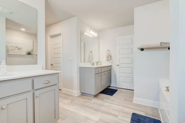 a bathroom with a sink a mirror and a shower