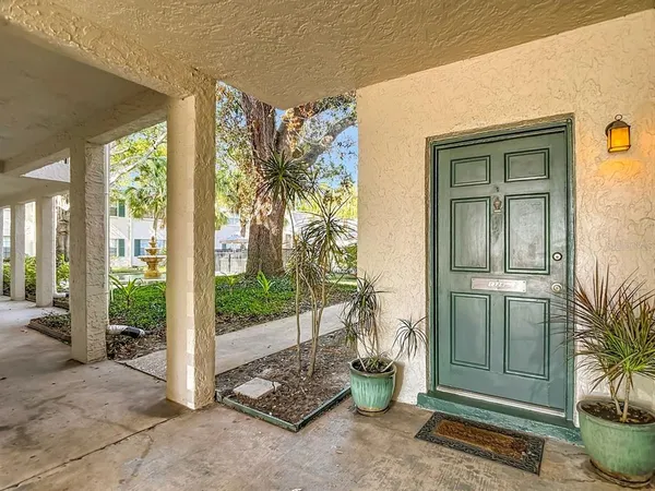 a view of a porch with a potted plant and a window