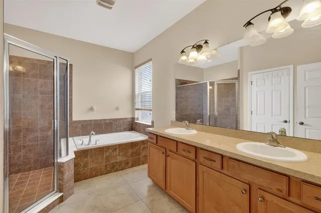 a bathroom with a sink double vanity granite tub shower and a mirror