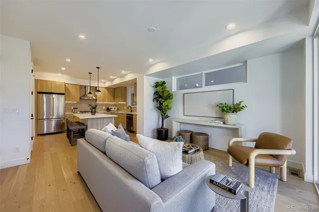 a living room with furniture kitchen view and a potted plant