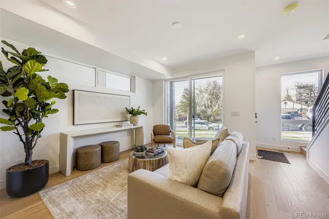 a living room with furniture a potted plant and a fireplace