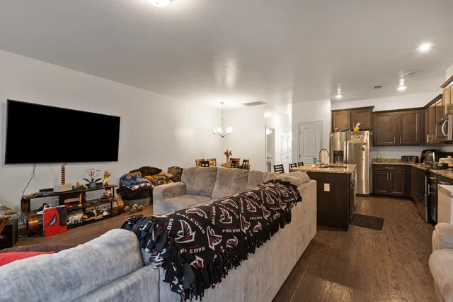 a view of a dining room with furniture