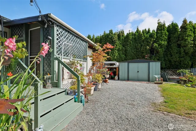 a backyard of a house with seating space and trees