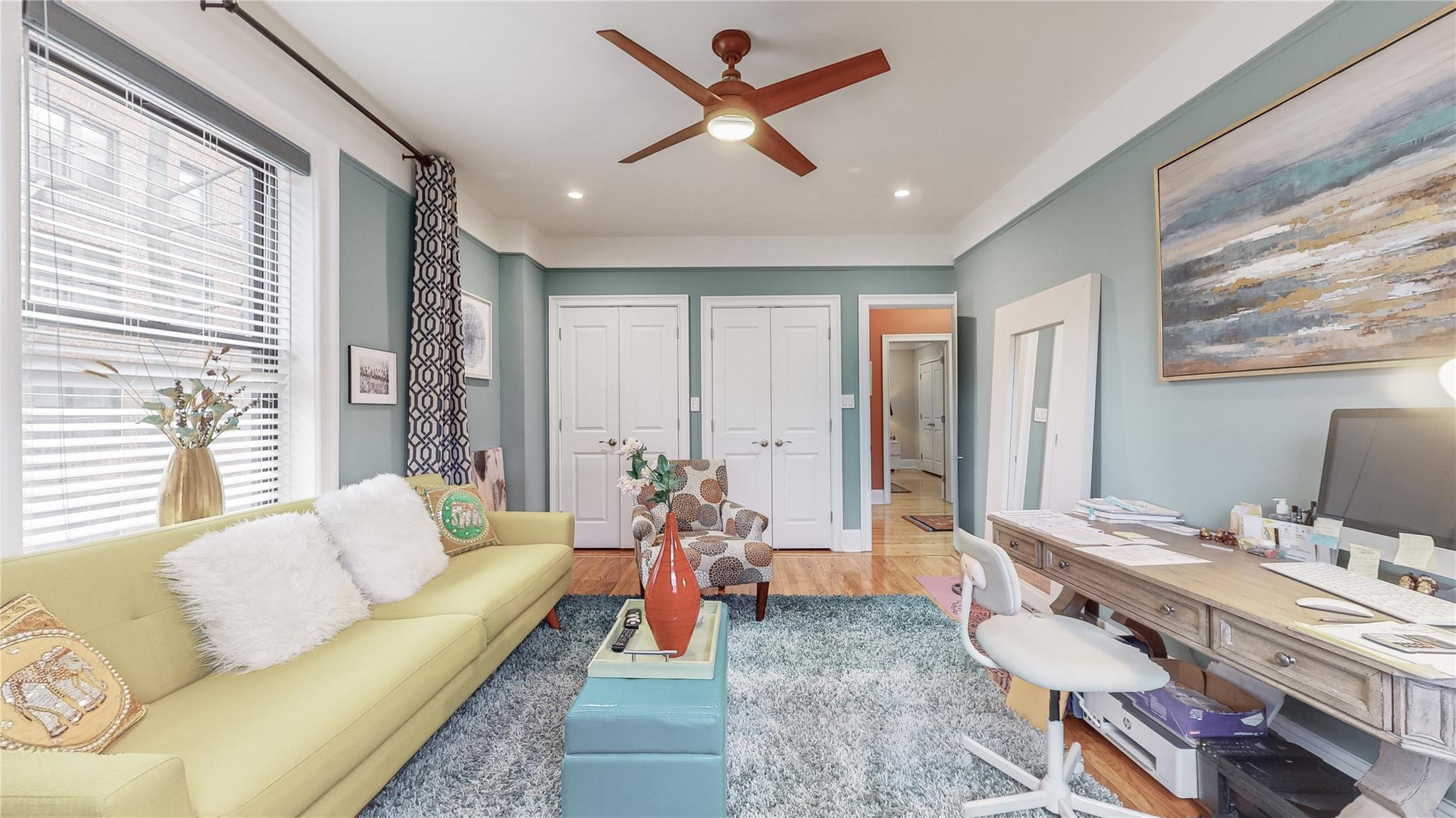 83-10 35th Avenue, Unit 3O Queens, NY 11372 - Photo 10 of 10 Office with a ceiling fan, wood finished floors, and recessed lighting