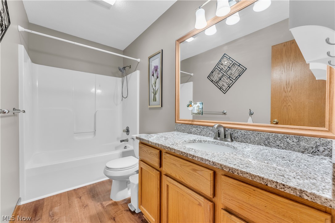 2560 Blake Road Wadsworth, OH 44281 - Photo 16 of 30 Full bathroom featuring hardwood / wood-style floors, large vanity, bathtub / shower combination, and toilet