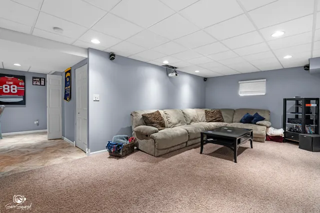 a garden view with a seating space