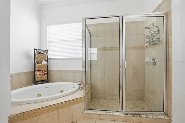 a bathroom with a bathtub and a shower