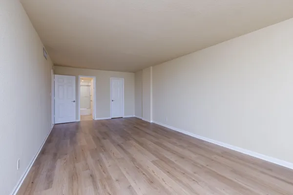 a view of an empty room and wooden floor