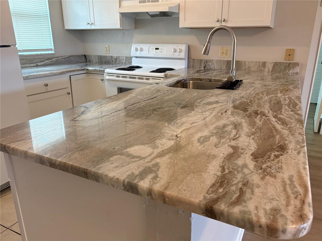 26485 Rampart Boulevard, Unit D1 Punta Gorda, FL 33983 - Photo 5 of 29 a kitchen with granite countertop a sink a stove and cabinets