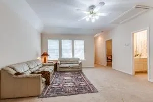 a living room with furniture and a rug