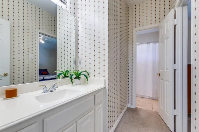 a bathroom with a sink and a mirror